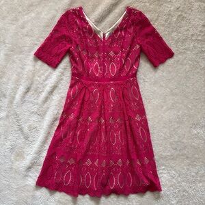Antonio Melani Womens Dress Pink Lace Overlay Fit And Flare Short Sleeve Sz 2